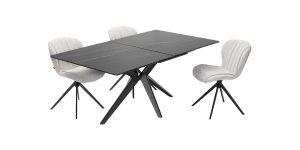 Table de repas Haku avec pied en métal, plateau en céramique noir aux veinures dorées, équipée d’une rallonge centrale.