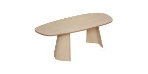 Table de salle à manger Autumn en bois, au plateau et pied arrondis, design organique et élégant.